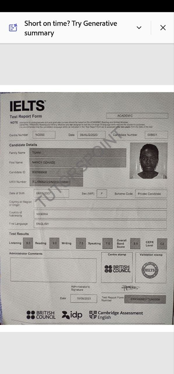 IELTS testimonial result 9